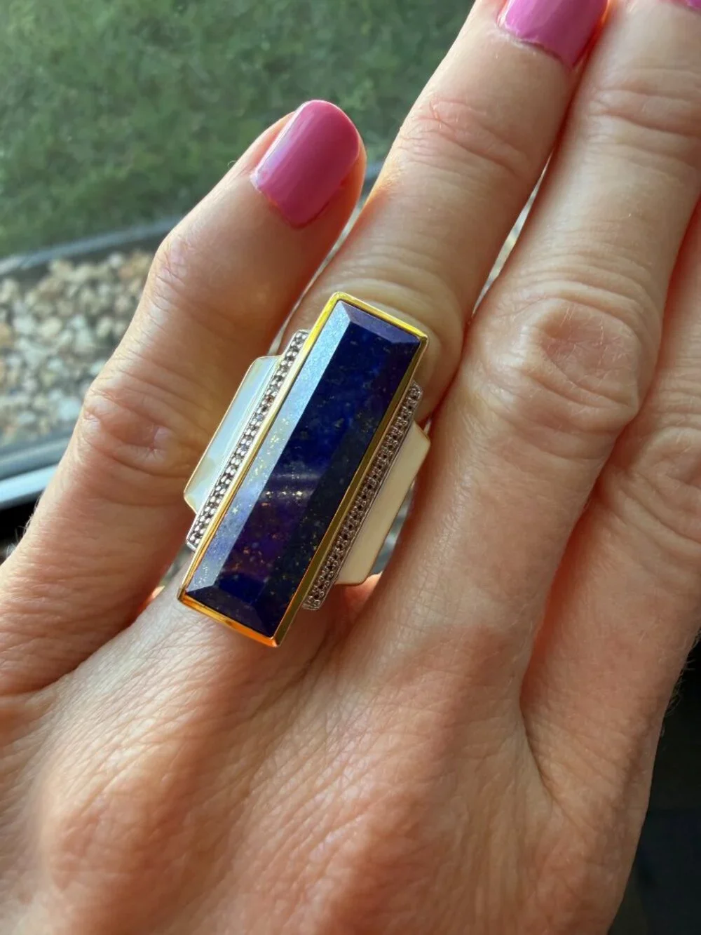 NIB WOW Art Deco Lapis & White Topaz Enamel in 18kt Gold Over Sterling - 5 -5.25